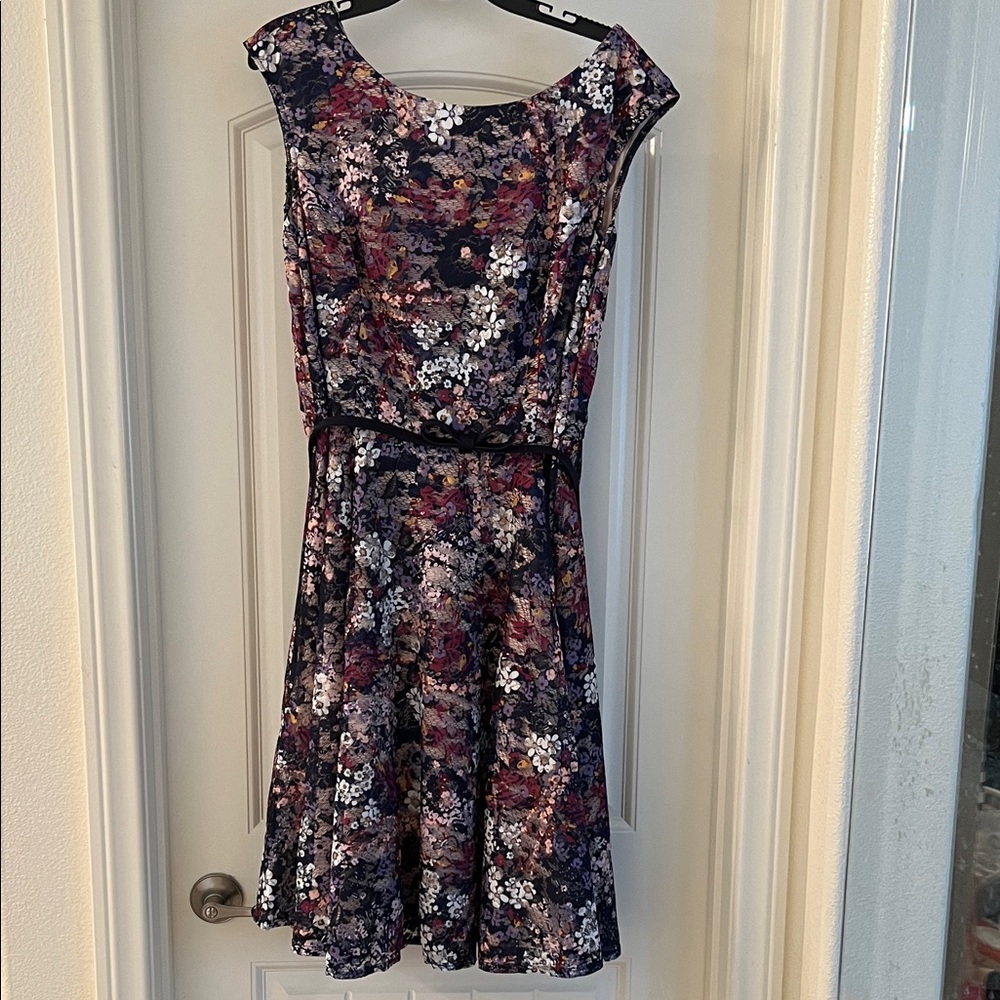 Danny & Nicole Navy Floral Lace Midi Dress with Pink & Gold Accents